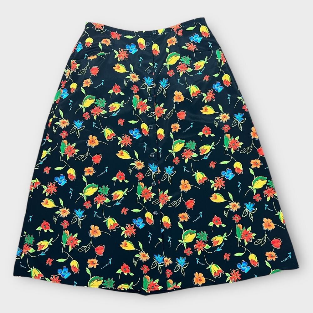 Vintage Black Colorful Floral Button Front Midi A-Line Skirt‎ Size L/XL 14/16